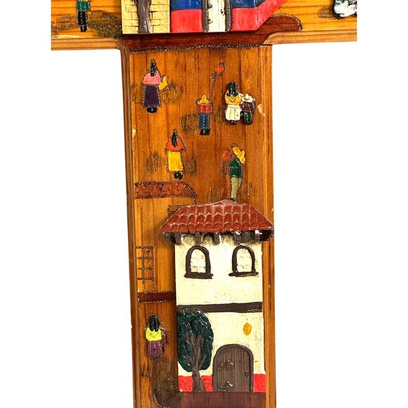 Folk Art Hand Painted 3-D Wood Cross Church Village Scene 20” x 14” - Picture 5 of 7